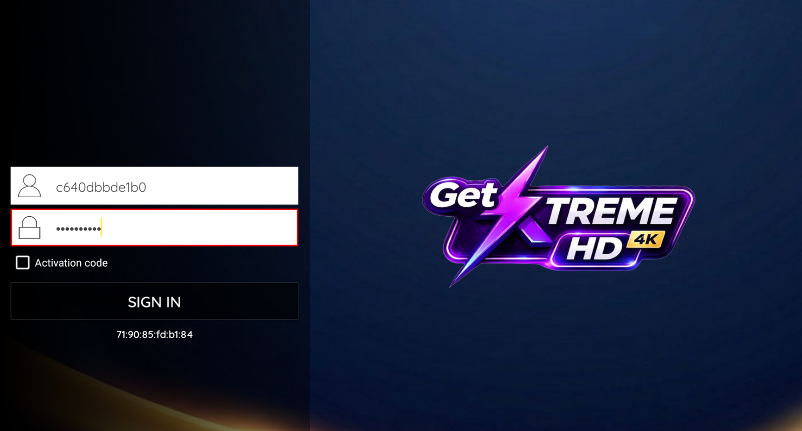 GetXtremeHD login screen, enter username and password